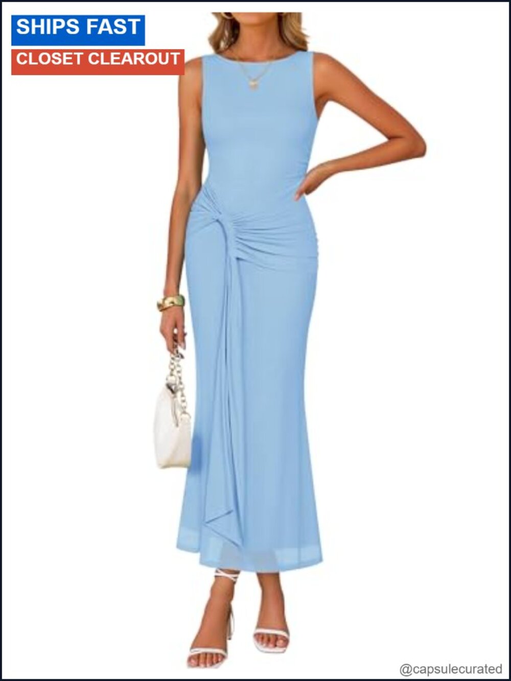 Sleeveless Bodycon Mesh Maxi Dress Ruched Belt Cocktail Party